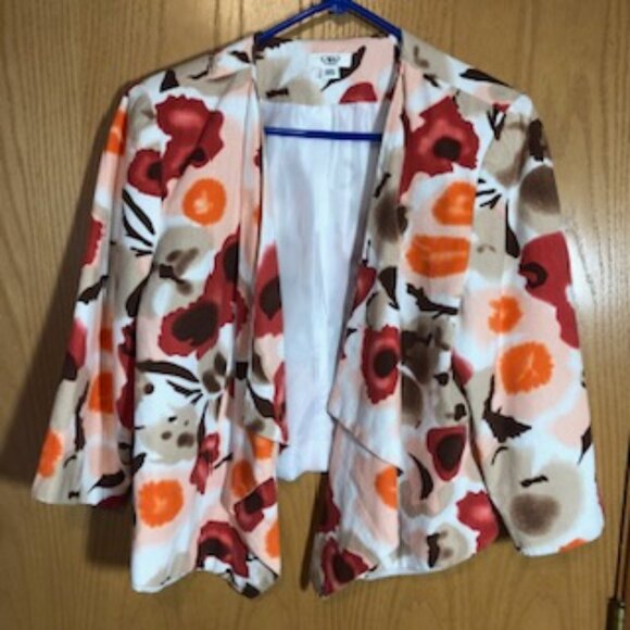 Cato 14W 16W Red Orange White Linen Rayon Floral Jacket Draped Lapels - Picture 1 of 4